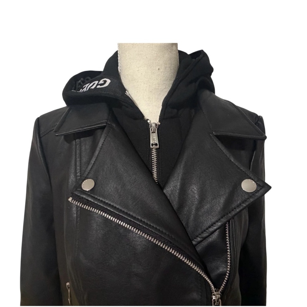 Guess Black Faux Leather Moto Jacket w/ Fleece Hoodie Small, Super Cute! - Picture 2 of 8